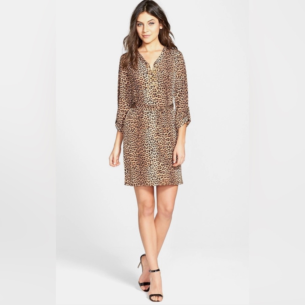 Michael Kors Leopard Print 3/4 Sleeve Belted Dress with Gold Chain